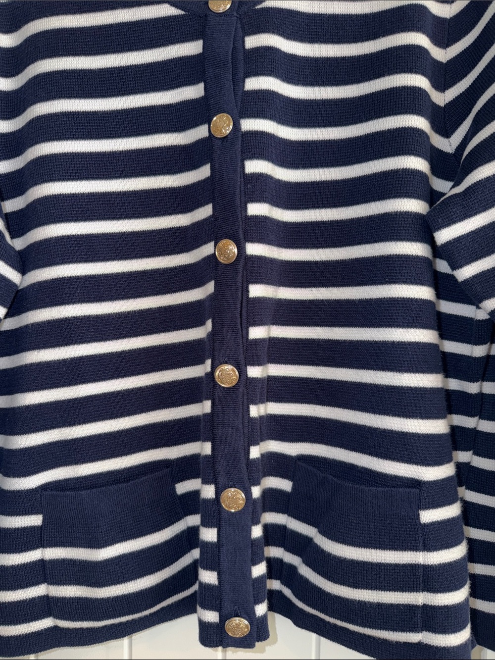 Nine West Navy and White Striped Gold-Button Cardigan - Picture 3 of 6